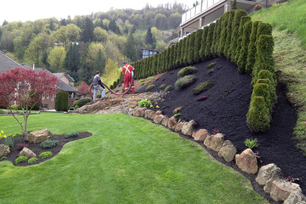 black mulch installation with blower truck