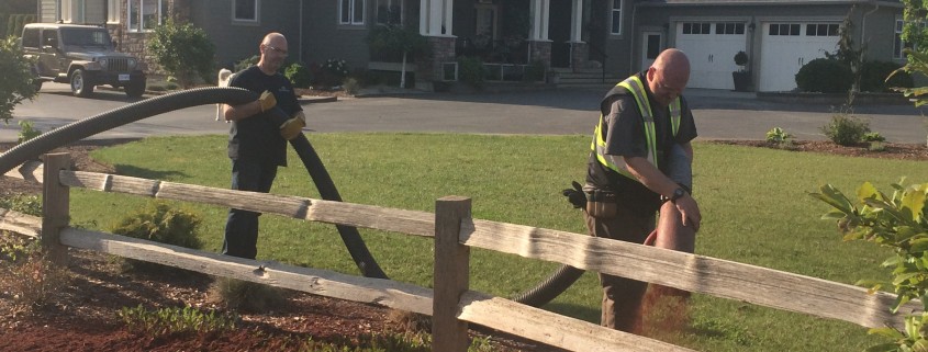 father and son spread landscaping wood chips with blower truck
